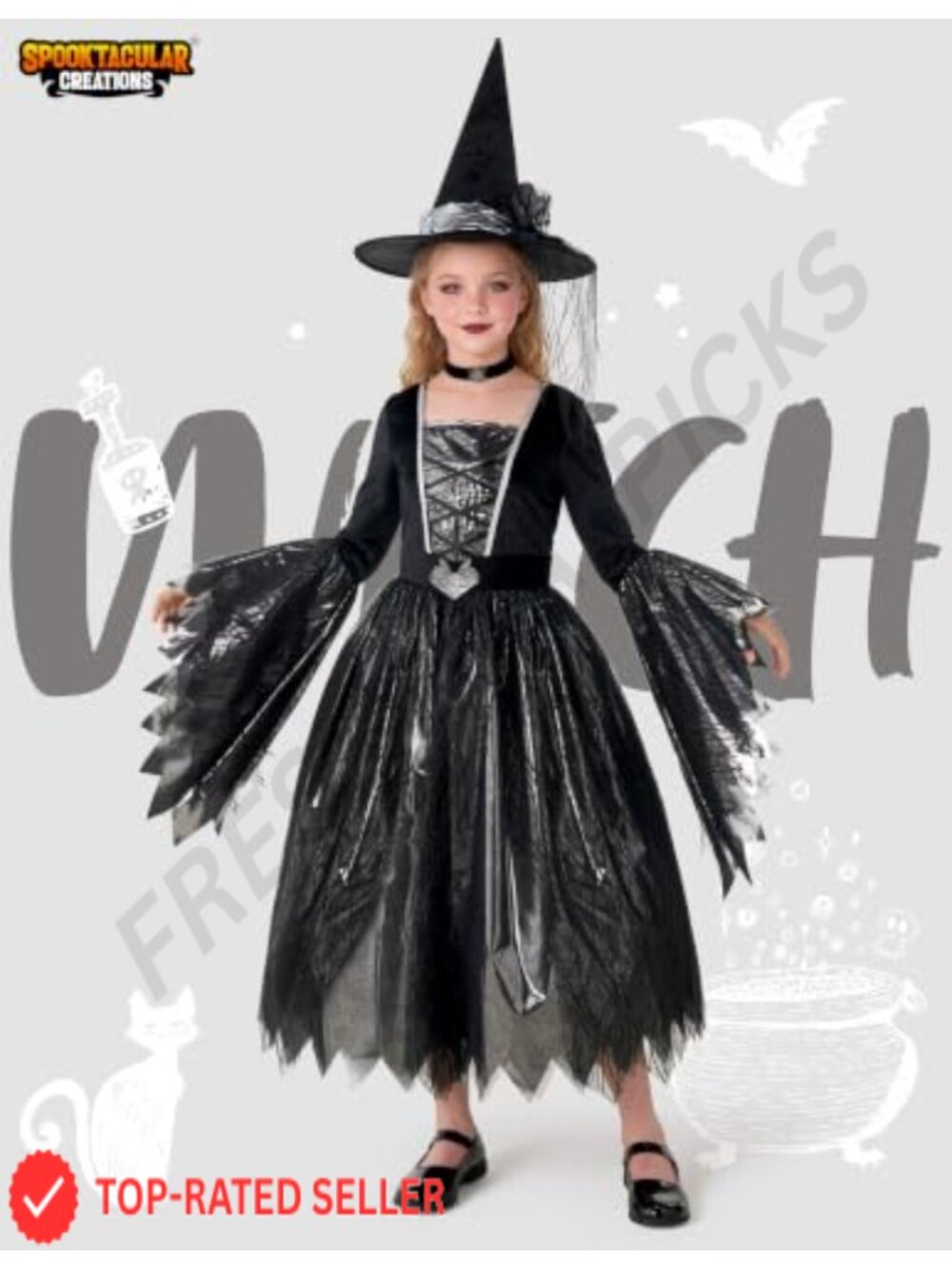 Girls Witch Costume Set 6 Pc Dress Hat Broom Bag Belt Choker Halloween - Picture 2 of 6